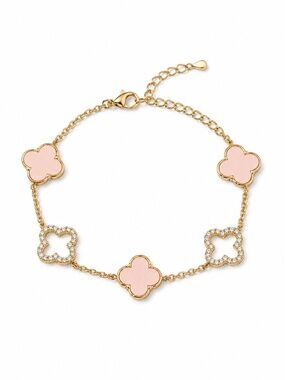 18K Gold Plated Pink and Rhinestone Clover Bracelet